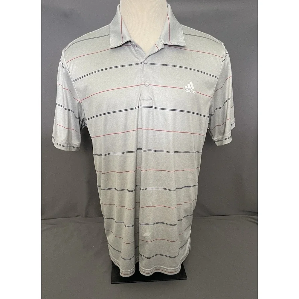 ADIDAS Golf Polo Shirt Men's Size XL Silver Grey Striped Activewear Short Sleeve